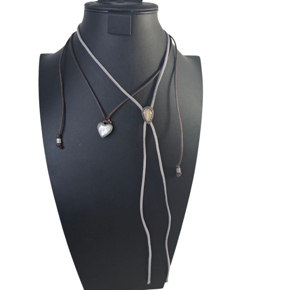 Lariat Necklace Brown Faux Suede Boho  and Silver Heart‎ Western Necklace Women